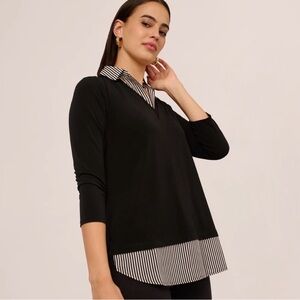Adrianna Papell 3/4 Sleeve Black Top with White Striped Accents. Size 3X